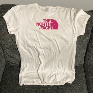 Women’s lg north face t shirt - slim fitting - white and magenta pink logo.
